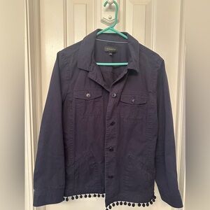 Navy blue Button-Up Jacket with Pom-Pom Trim